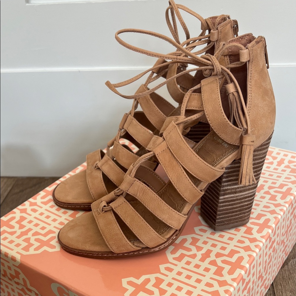 Gianni Bini Beige sued Strappy Block Heel Sandals